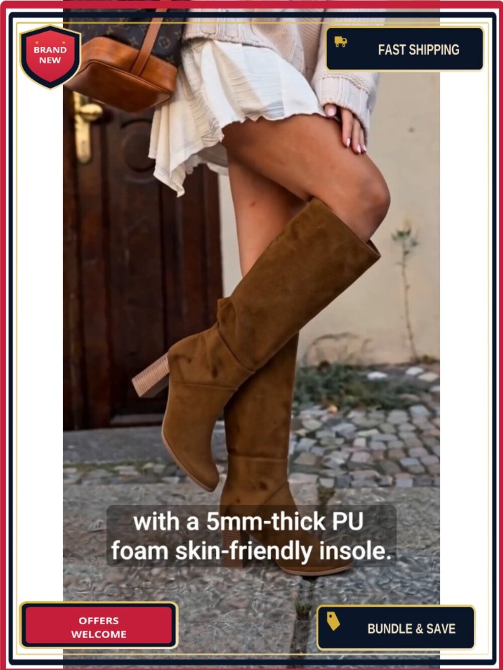 Knee High Boots for Women Chunky Block Heel Side Zipper Faux Suede Round Toe - Picture 6 of 6